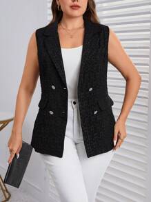 SHEIN LUNE 大碼雙排釦翻蓋細節馬甲西裝外套 - 黑色 - 查看 3