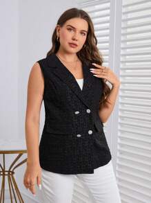 SHEIN LUNE 大碼雙排釦翻蓋細節馬甲西裝外套 - 黑色 - 查看 6