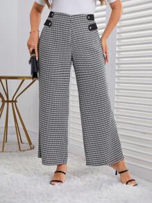 SHEIN Clasi 大碼千鳥格印花闊腿褲 - 黑與白 - 查看 2