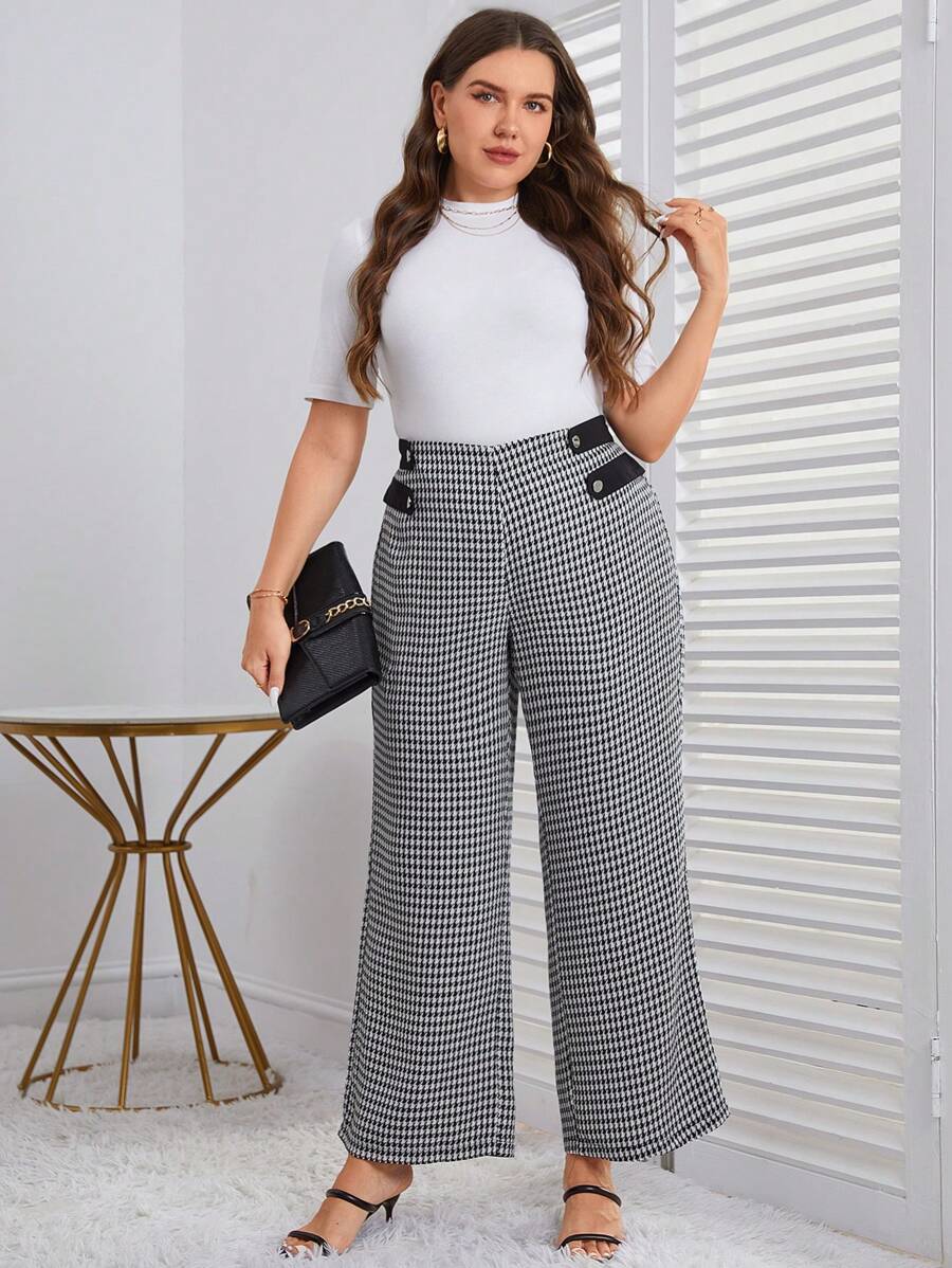 SHEIN Clasi 大碼千鳥格印花闊腿褲 - 黑與白 - 查看 1