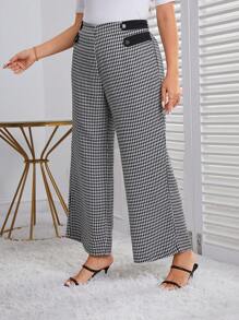 SHEIN Clasi 大碼千鳥格印花闊腿褲 - 黑與白 - 查看 5