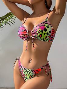 SHEIN 豹紋綁帶式比基尼套裝 - 彩色 - 查看 4