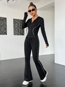 SHEIN EZwear 頂針拉鏈開襟連帽夾克&喇叭褲 - 黑色 - 查看 1
