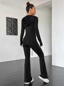 SHEIN EZwear 頂針拉鏈開襟連帽夾克&喇叭褲 - 黑色 - 查看 2