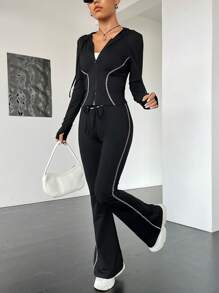 SHEIN EZwear 頂針拉鏈開襟連帽夾克&喇叭褲 - 黑色 - 查看 4