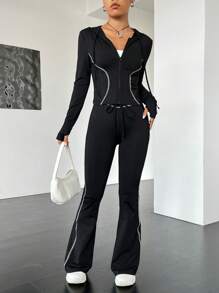 SHEIN EZwear 頂針拉鏈開襟連帽夾克&喇叭褲 - 黑色 - 查看 6