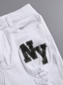 SHEIN Leap Crew Tween Boy Letter Graphic Ripped Jeans - White - View 3