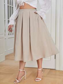 SHEIN Privé Plus Solid Slant Pocket Pleated Skirt - Khaki - View 1