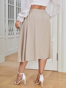 SHEIN Privé Plus Solid Slant Pocket Pleated Skirt - Khaki - View 2