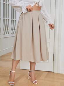 SHEIN Privé Plus Solid Slant Pocket Pleated Skirt - Khaki - View 3