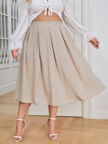 SHEIN Privé Plus Solid Slant Pocket Pleated Skirt - Khaki - View 4