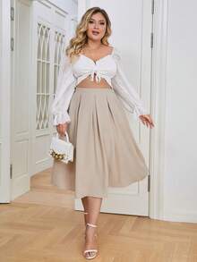 SHEIN Privé Plus Solid Slant Pocket Pleated Skirt - Khaki - View 5