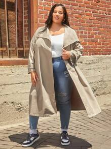 SHEIN CURVE+ 大碼大翻領腰帶風衣外套 - 卡其色 - 查看 1