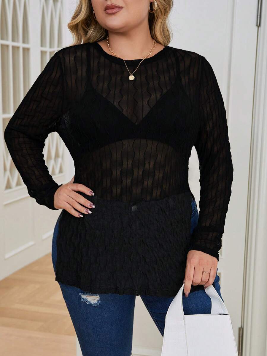 SHEIN Essnce Plus Solid Sheer Top Without Bra - Black - View 1
