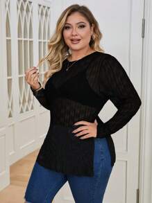 SHEIN Essnce Plus Solid Sheer Top Without Bra - Black - View 3