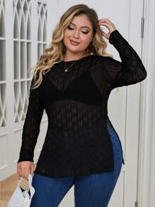 SHEIN Essnce Plus Solid Sheer Top Without Bra - Black - View 4