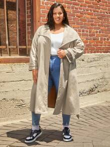 SHEIN CURVE+ 大碼大翻領腰帶風衣外套 - 卡其色 - 查看 7