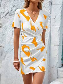 SHEIN LUNE Vestido con estampado de dibujo fruncido lateral bajo tulipán - Amarillo - Ver 3