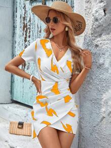 SHEIN LUNE Vestido con estampado de dibujo fruncido lateral bajo tulipán - Amarillo - Ver 4