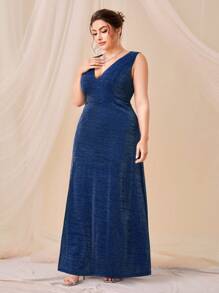 SHEIN Belle Plus Plunge Neck Split Thigh Glitter Formal Dress - Navy Blue - View 4