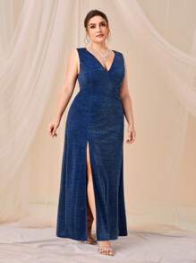 SHEIN Belle Plus Plunge Neck Split Thigh Glitter Formal Dress - Navy Blue - View 5