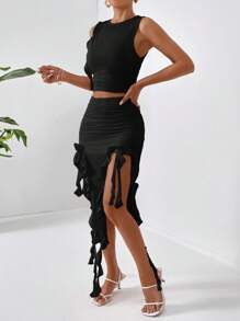 SHEIN X Jessie Firerie Solid Tank Top & Ruffle Trim Skirt - Black - View 1