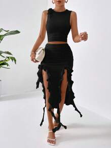 SHEIN X Jessie Firerie Solid Tank Top & Ruffle Trim Skirt - Black - View 3