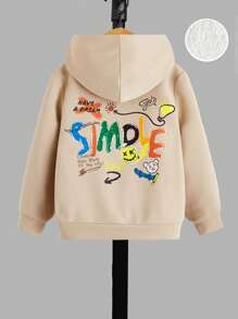 SHEIN 男小童連帽後圖案套頭衫鬆動和舒服夾克適用於休閒穿戴 - 杏色 - 查看 1