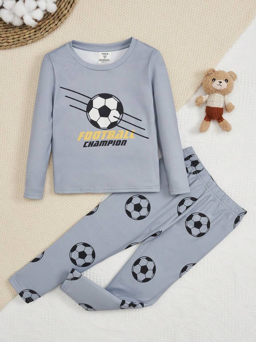 SHEIN Leap Crew 兒童足球&字母圖形貼身睡衣套裝 - 彩色 - 查看 1