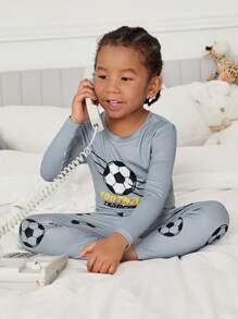 SHEIN Leap Crew 兒童足球&字母圖形貼身睡衣套裝 - 彩色 - 查看 4