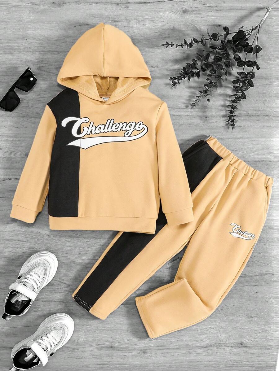 SHEIN 男小童字母圖案連帽衫和運動褲 - 卡其色 - 查看 1