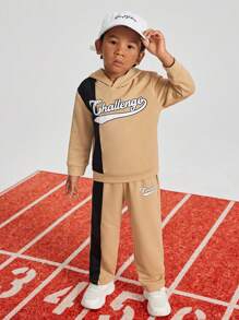 SHEIN 男小童字母圖案連帽衫和運動褲 - 卡其色 - 查看 4