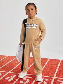 SHEIN 男小童字母圖案連帽衫和運動褲 - 卡其色 - 查看 5