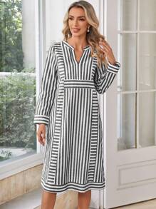 EMERY ROSE Striped Print Notched Neckline Hidden Pocket Dress - Multicolor - View 3