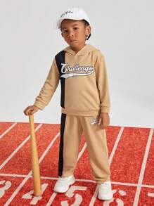 SHEIN 男小童字母圖案連帽衫和運動褲 - 卡其色 - 查看 6