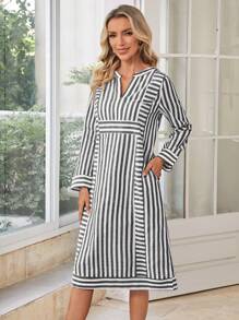 EMERY ROSE Striped Print Notched Neckline Hidden Pocket Dress - Multicolor - View 5