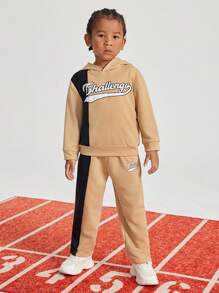 SHEIN 男小童字母圖案連帽衫和運動褲 - 卡其色 - 查看 8