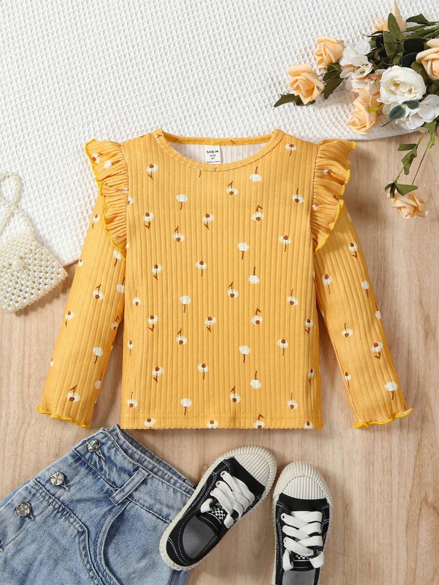 SHEIN Chica Joven Camiseta con estampado ribete con fruncido - Amarillo - Ver 1