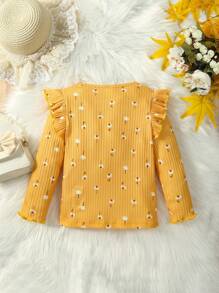 SHEIN Chica Joven Camiseta con estampado ribete con fruncido - Amarillo - Ver 2