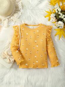 SHEIN Chica Joven Camiseta con estampado ribete con fruncido - Amarillo - Ver 3