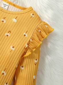 SHEIN Chica Joven Camiseta con estampado ribete con fruncido - Amarillo - Ver 4