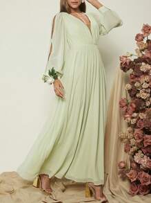 SHEIN Belle Plunging Neck Split Lantern Sleeve Dress - Mint Green - View 3