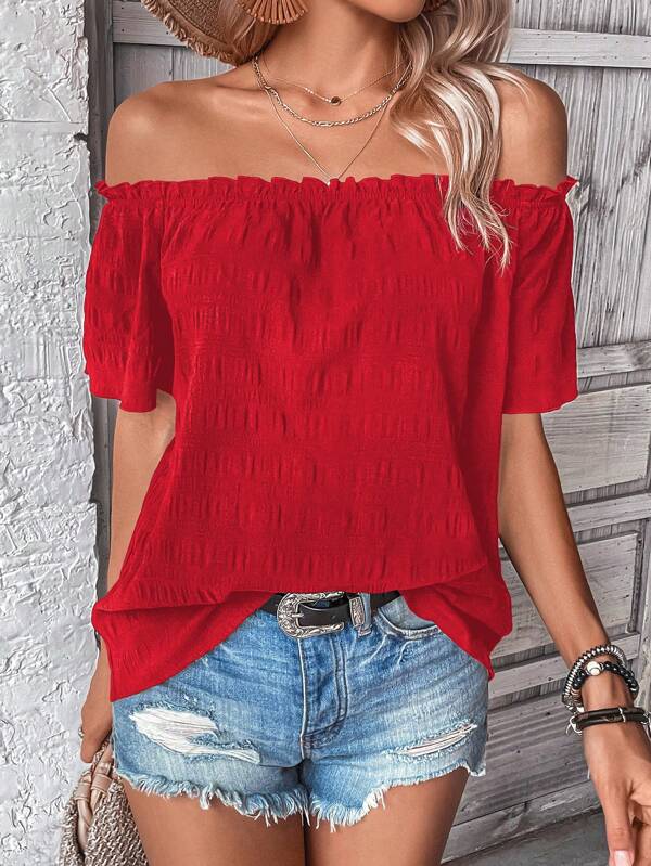 SHEIN LUNE Off Shoulder Frill Trim Blouse