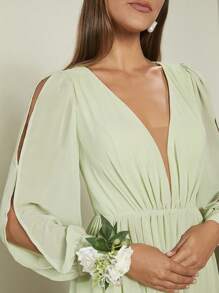 SHEIN Belle Plunging Neck Split Lantern Sleeve Dress - Mint Green - View 6