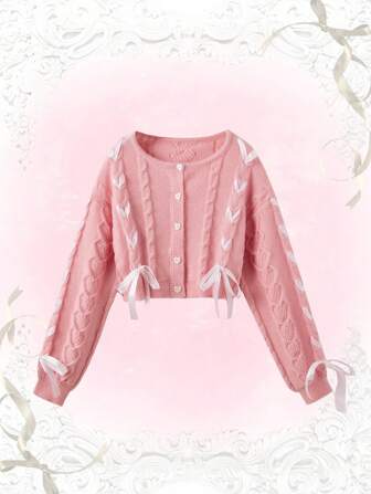 Kawaii Bow Decor Drop Shoulder Crop Cardigan