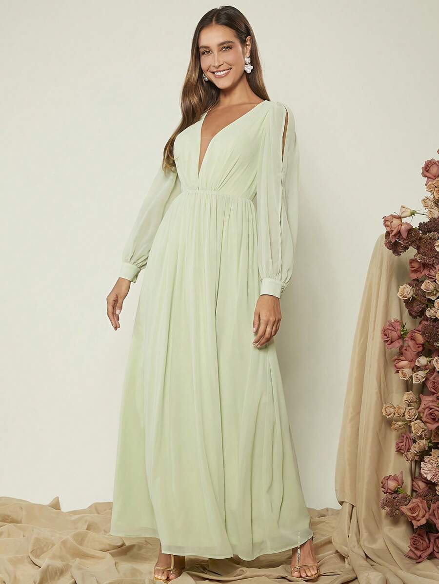 SHEIN Belle Plunging Neck Split Lantern Sleeve Dress - Mint Green - View 1