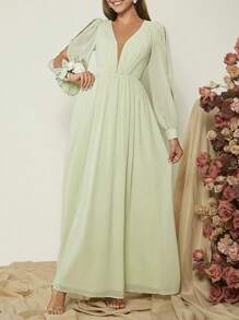 SHEIN Belle Plunging Neck Split Lantern Sleeve Dress - Mint Green - View 9