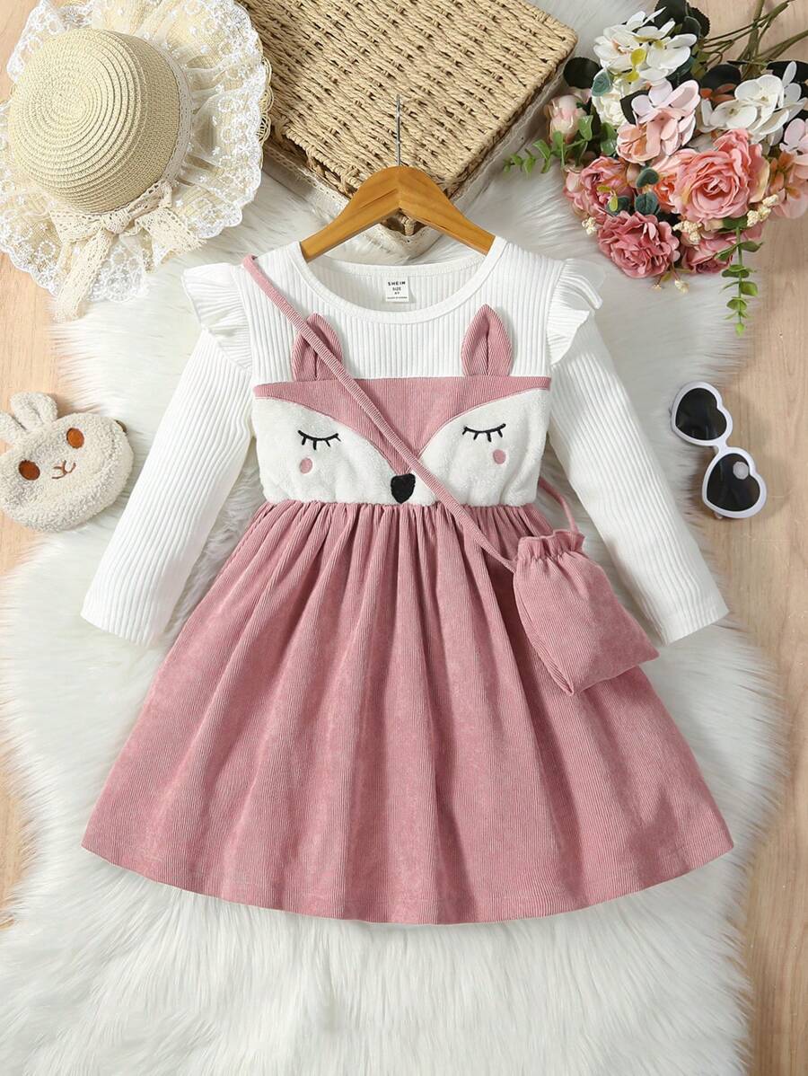 SHEIN Young Girl Cartoon Graphic Ruffle Trim 2 In 1 Dress & Bag - Multicolor - View 1