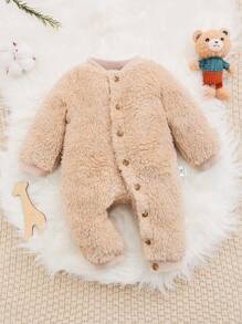 SHEIN Newborn Baby Girls' Cute Style Comfortable Plush Round Neck Long Sleeve Jumpsuit Thick Warm Jumpsuit