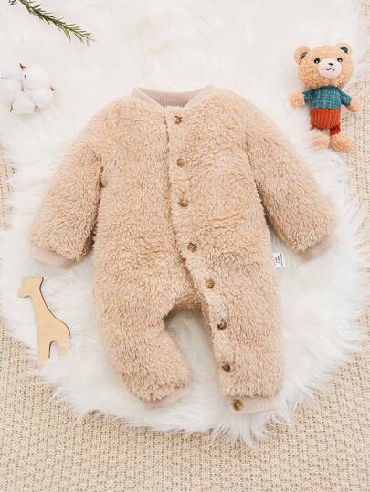 SHEIN 新生女嬰可愛風格舒適毛絨圓領長袖連體衣加厚保暖連體衣